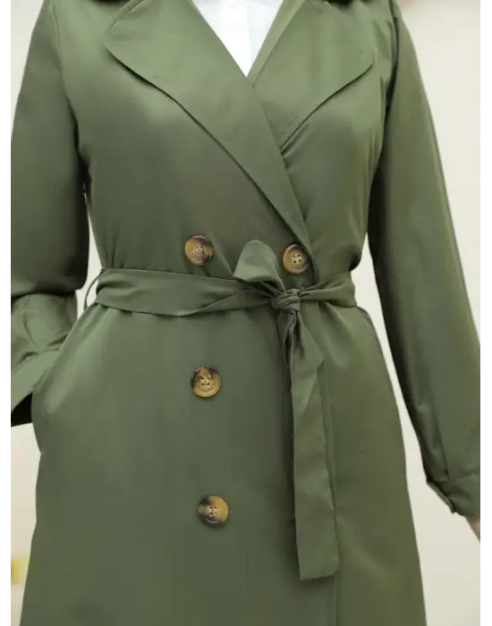Önü Düğmeli Kuşaklı Cepli Trençkot -Haki