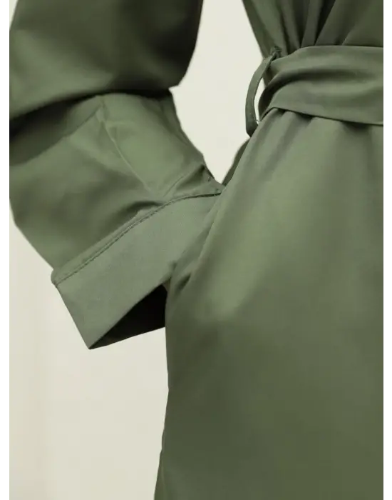 Önü Düğmeli Kuşaklı Cepli Trençkot -Haki