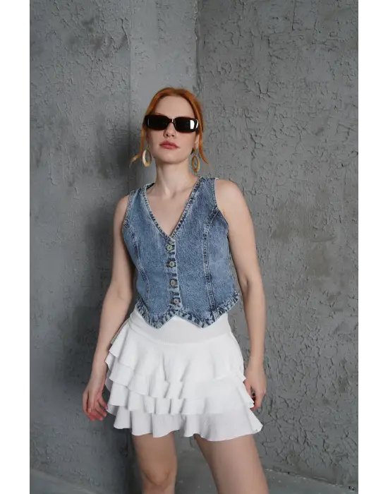 Önü Düğmeli V Yaka Mavi Yelek