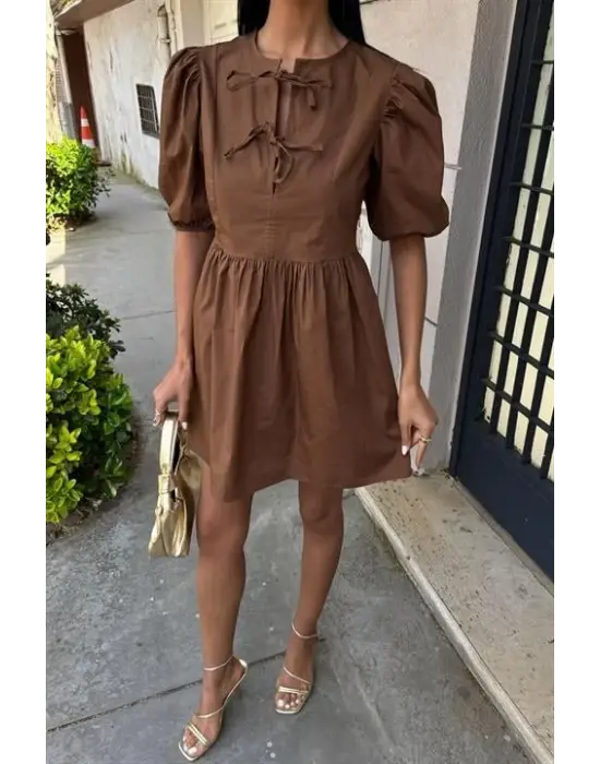 Omarı Fiyonk Detaylı Balon Kollu Elbise