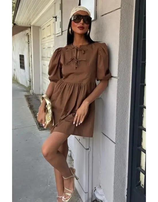 Omarı Fiyonk Detaylı Balon Kollu Elbise