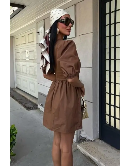 Omarı Fiyonk Detaylı Balon Kollu Elbise