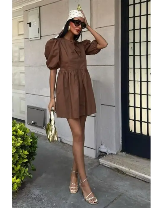 Omarı Fiyonk Detaylı Balon Kollu Elbise