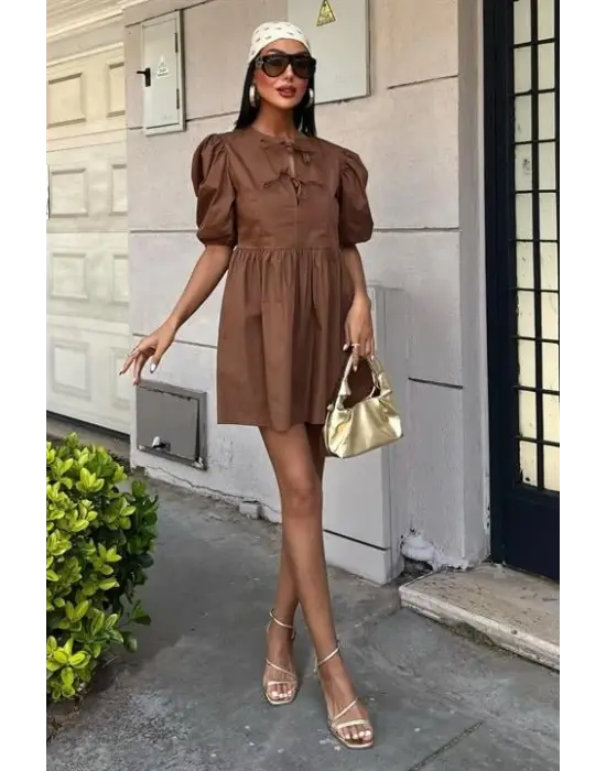 Omarı Fiyonk Detaylı Balon Kollu Elbise