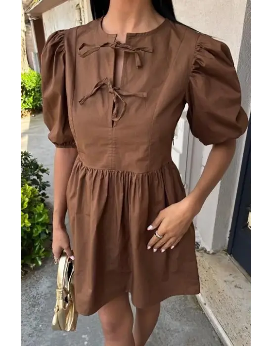 Önü Fiyonk Bağlamalı Ve Balon Kollu Elbise 2893