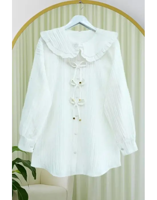 Önü Kurdele Detaylı Düğmeli Önlük Yaka Gömlek  -Beyaz