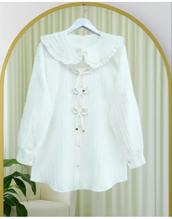 Önü Kurdele Detaylı Düğmeli Önlük Yaka Gömlek  -Beyaz