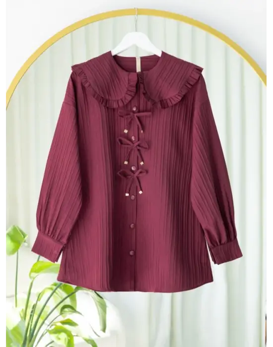 Önü Kurdele Detaylı Düğmeli Önlük Yaka Gömlek -Bordo