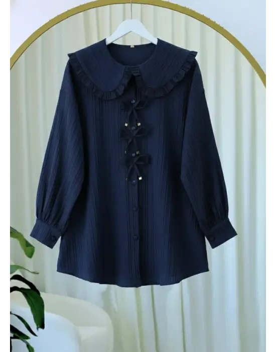 Önü Kurdele Detaylı Düğmeli Önlük Yaka Gömlek  -Laci