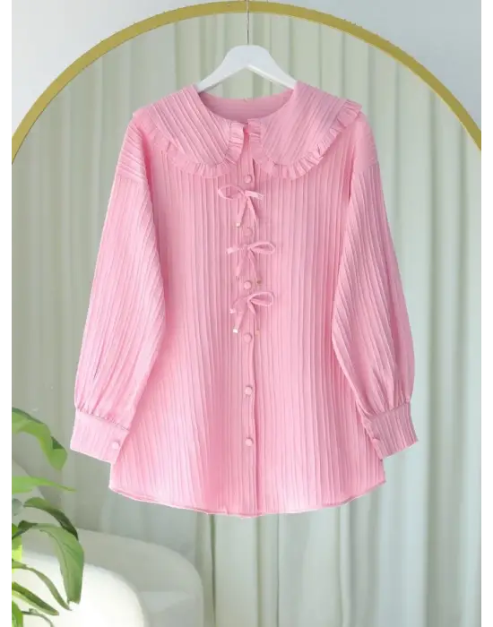 Önü Kurdele Detaylı Düğmeli Önlük Yaka Gömlek -Pembe