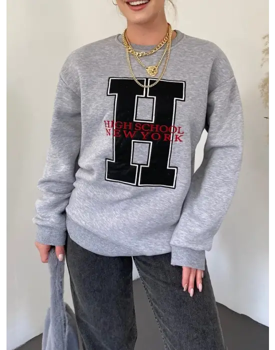 Önü Nakışlı Bisiklet Yaka Sweat Tunik -Gri