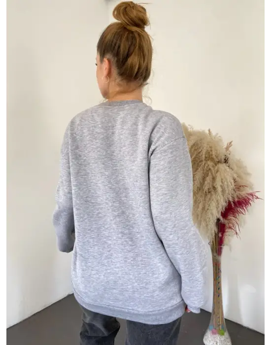 Gri Önü Nakışlı Bisiklet Yaka Sweat Tunik Kadın Giyim