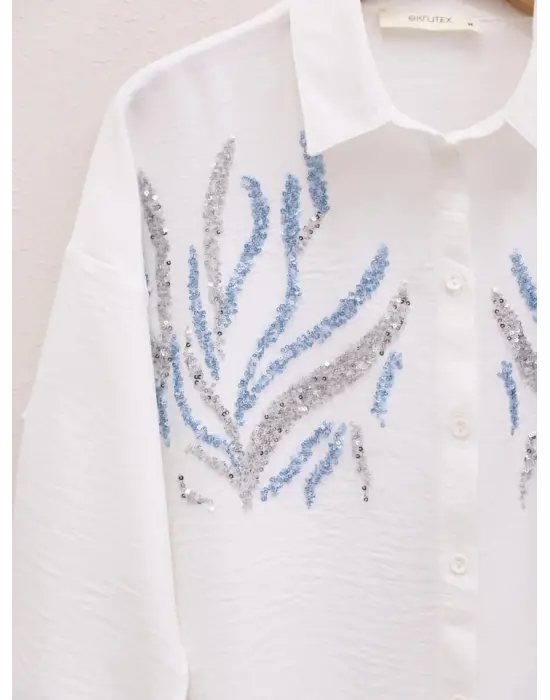 Önü Pul Payetli Uzun Gömlek -Beyaz