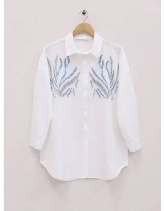 Önü Pul Payetli Uzun Gömlek -Beyaz