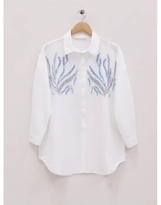 Omarı Payet Detaylı Uzun Beyaz Gömlek