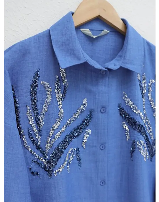 Önü Pul Payetli Uzun Gömlek  -İndigo