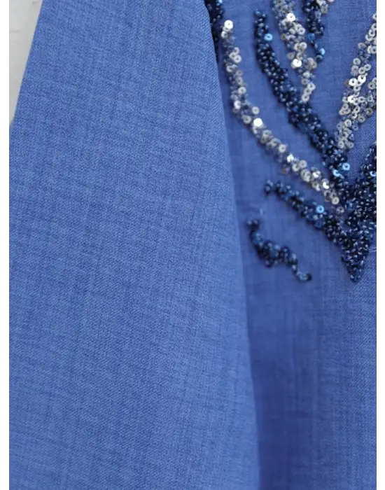 Önü Pul Payetli Uzun Gömlek  -İndigo