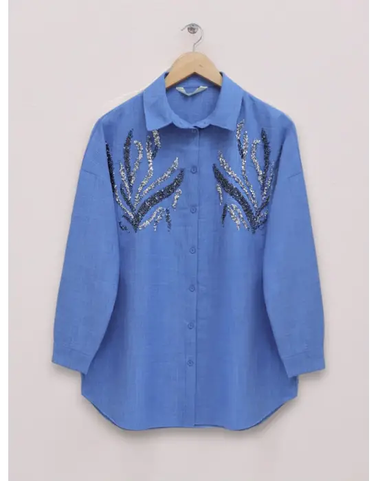 Önü Pul Payetli Uzun Gömlek  -İndigo