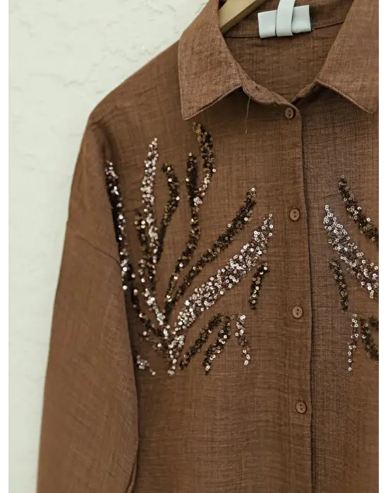 Önü Pul Payetli Uzun Gömlek    -Kahve
