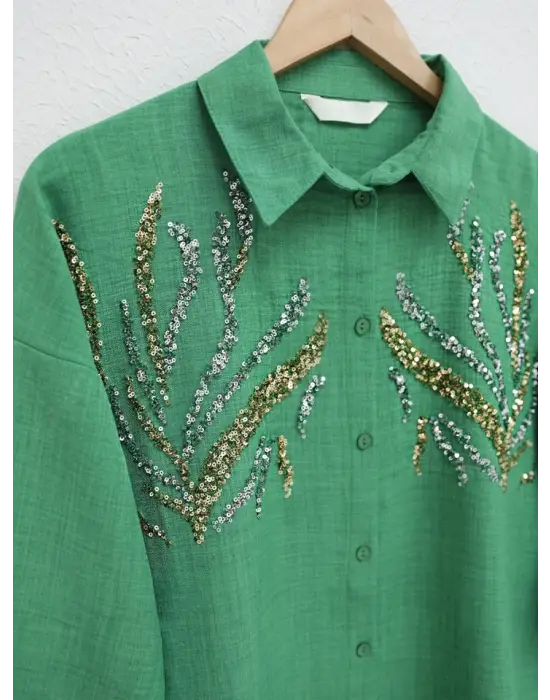 Önü Pul Payetli Uzun Gömlek  -Orman Yş.