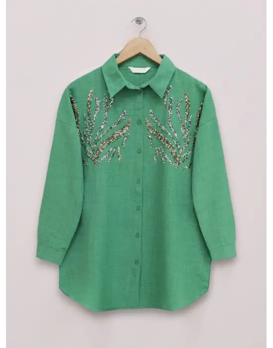 Önü Pul Payetli Uzun Gömlek  -Orman Yş.