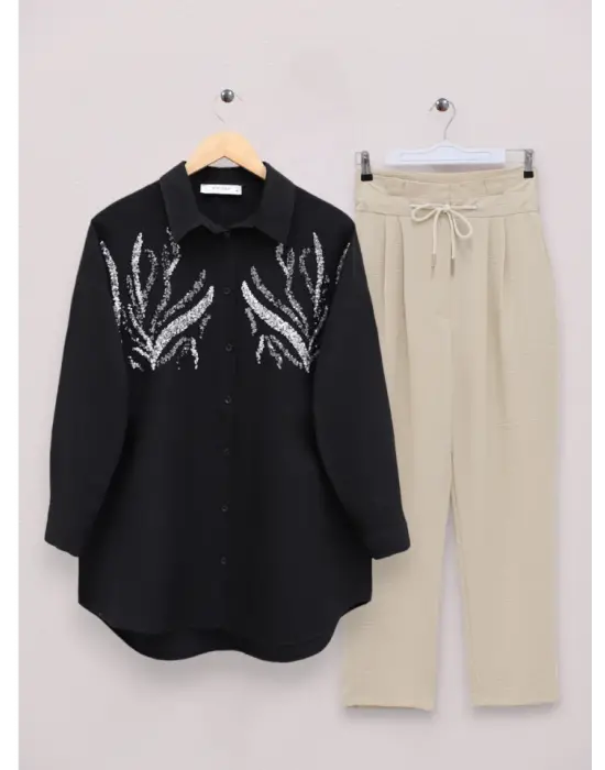 Önü Pul Payetli Uzun Gömlek -Siyah