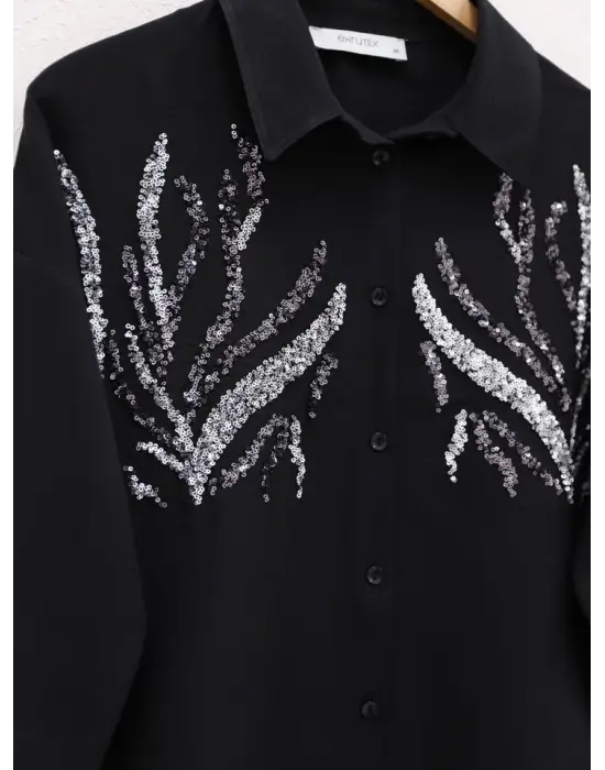 Önü Pul Payetli Uzun Gömlek -Siyah