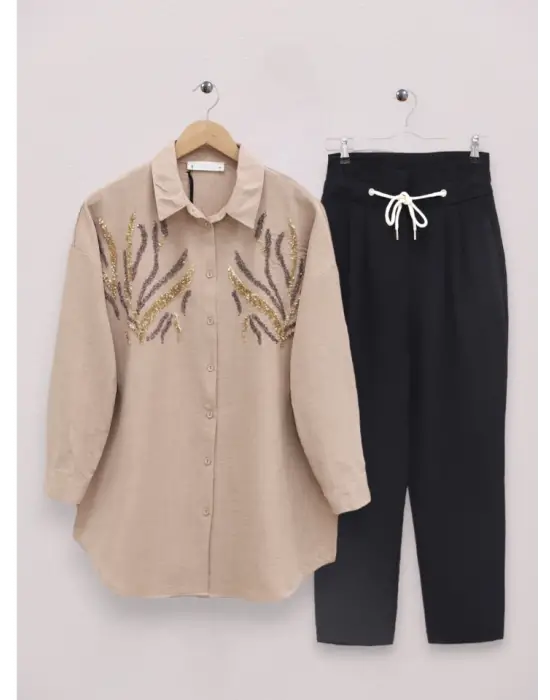 Omarı Göz Alıcı Pul Payet Detaylı Uzun Gömlek - Vizon