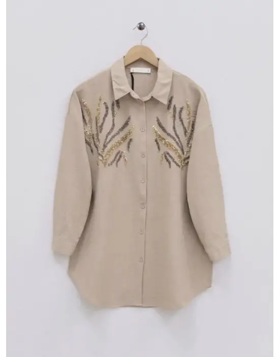 Omarı Göz Alıcı Pul Payet Detaylı Uzun Gömlek - Vizon