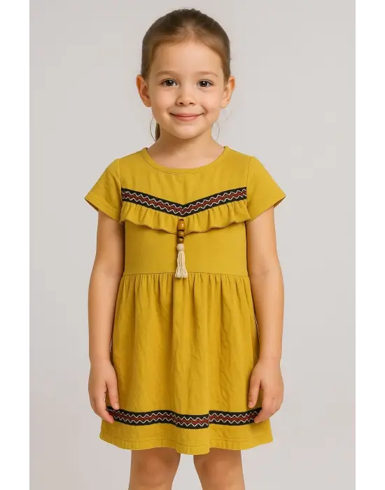 Önü püsküllü boncuk detaylı kız çocuk elbisesi hardal