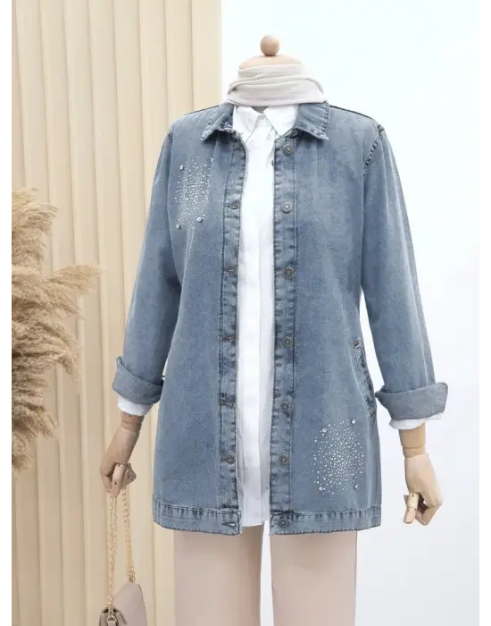 Önü Taş Detaylı Çift Cepli Kot Ceket   -Buz Mavi