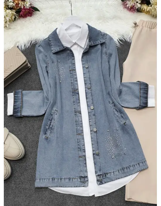 Önü Taş Detaylı Çift Cepli Kot Ceket   -Buz Mavi