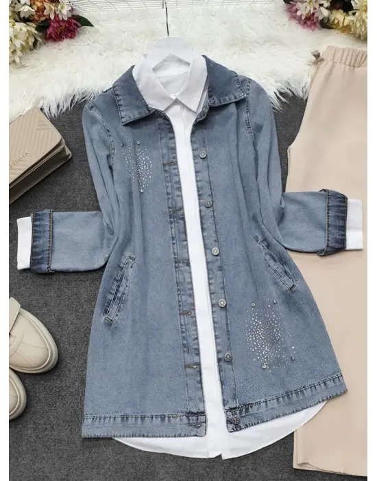 Omarı Taş Detaylı Çift Cepli Kot Ceket - Buz Mavi