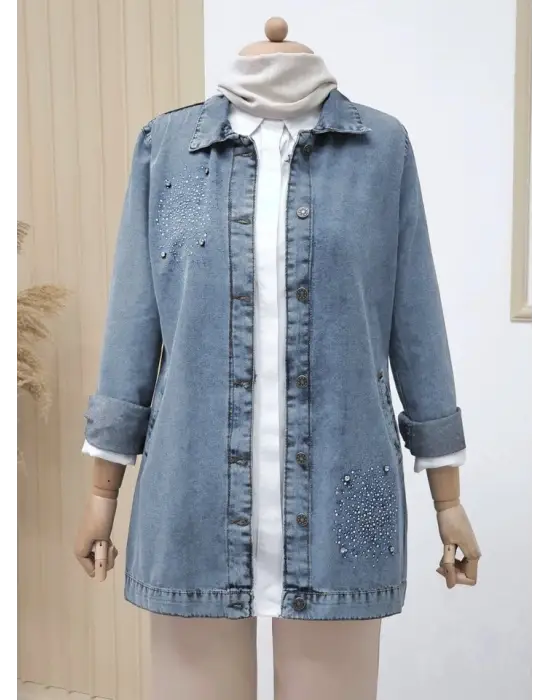 Önü Taş Detaylı Çift Cepli Kot Ceket   -Buz Mavi