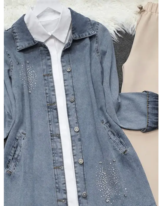 Omarı Taş Detaylı Çift Cepli Kot Ceket - Buz Mavi