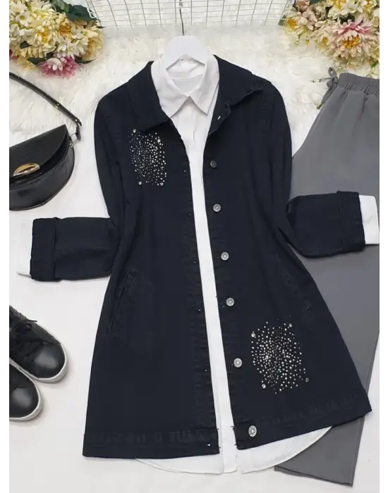 Önü Taş Detaylı Çift Cepli Kot Ceket -Siyah