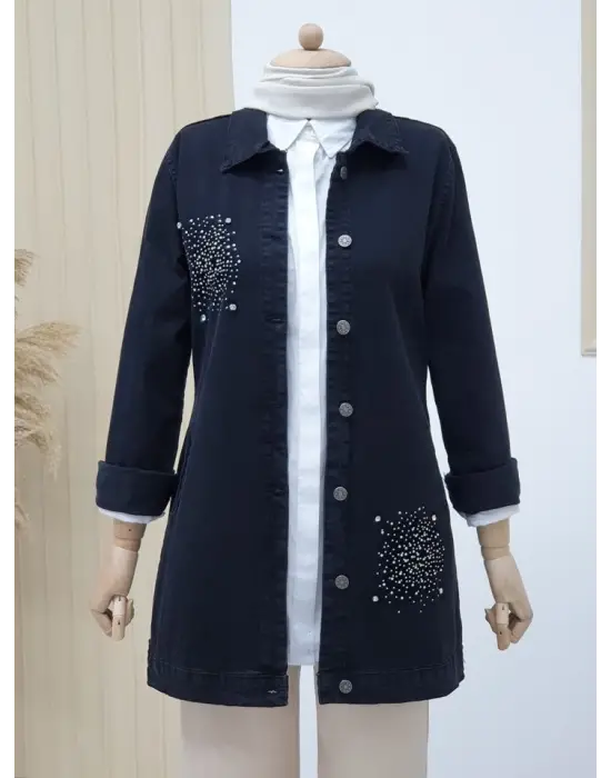 Önü Taş Detaylı Çift Cepli Kot Ceket -Siyah