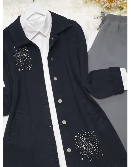 Omarı Siyah Kot Ceket Çift Cep Detayıyla Şıklığı Yakalayın