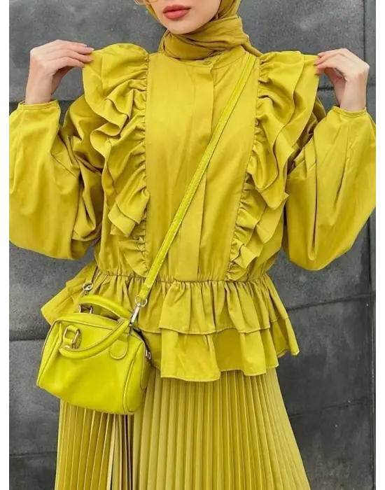 Omarı Fırfırlı Beli Lastikli Yağ Yeşili Gömlek