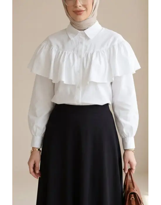 Önü Ve Omuzu Fırfır Detaylı Poplin Gömlek Bluz -Beyaz