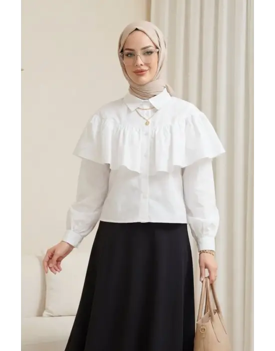 Önü Ve Omuzu Fırfır Detaylı Poplin Gömlek Bluz -Beyaz