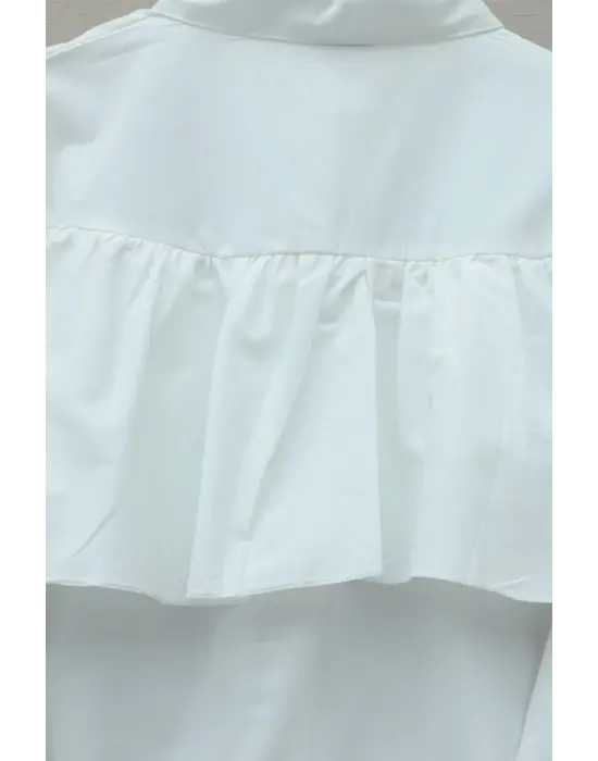 Önü Ve Omuzu Fırfır Detaylı Poplin Gömlek Bluz -Beyaz