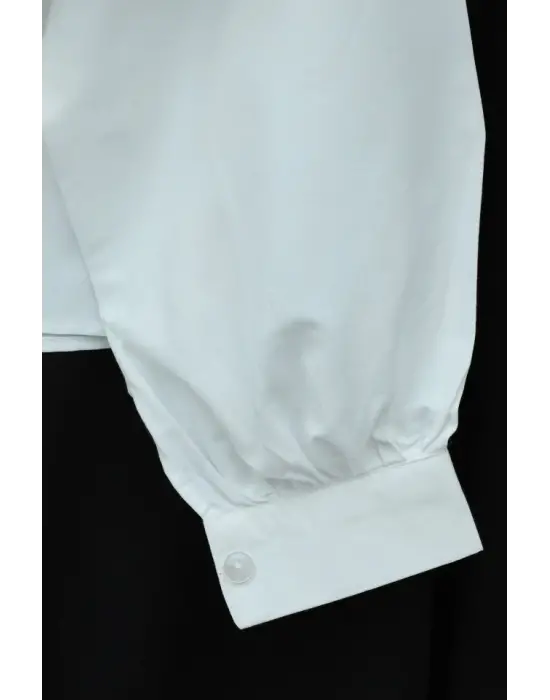 Önü Ve Omuzu Fırfır Detaylı Poplin Gömlek Bluz -Beyaz