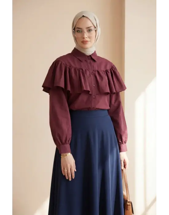 Önü Ve Omuzu Fırfır Detaylı Poplin Gömlek Bluz -Bordo