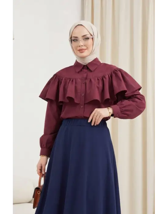 Önü Ve Omuzu Fırfır Detaylı Poplin Gömlek Bluz -Bordo