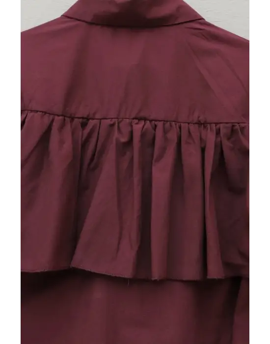Önü Ve Omuzu Fırfır Detaylı Poplin Gömlek Bluz -Bordo