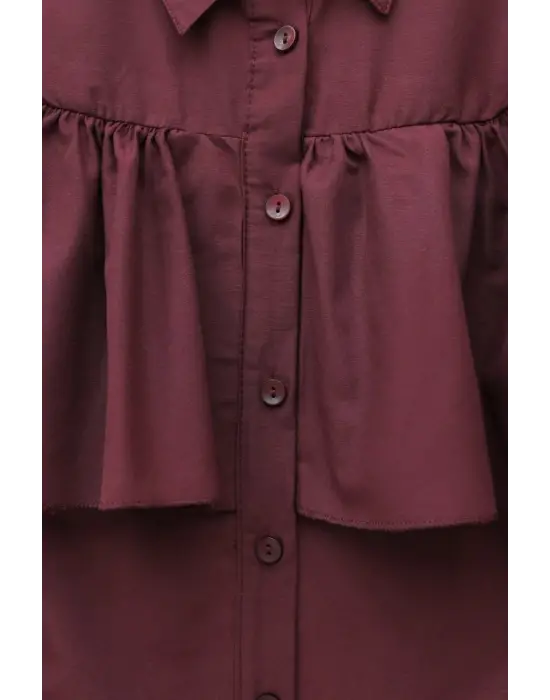 Önü Ve Omuzu Fırfır Detaylı Poplin Gömlek Bluz -Bordo