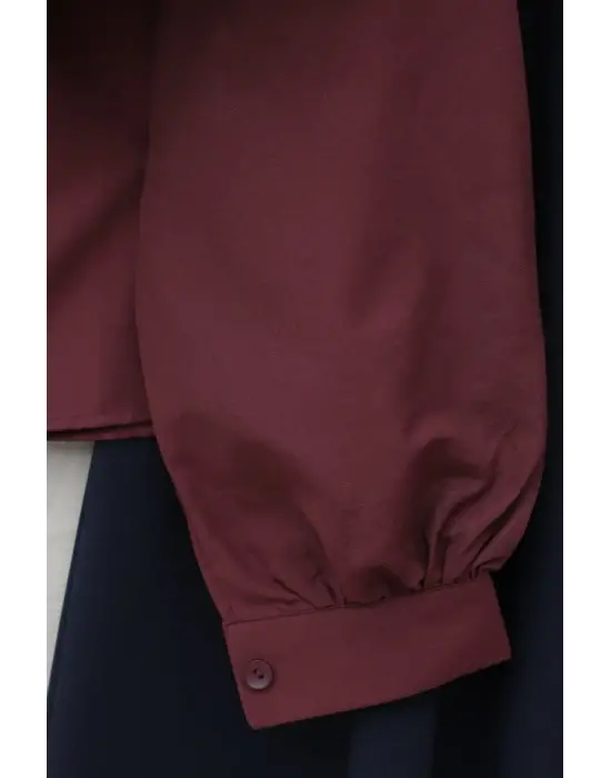Önü Ve Omuzu Fırfır Detaylı Poplin Gömlek Bluz -Bordo