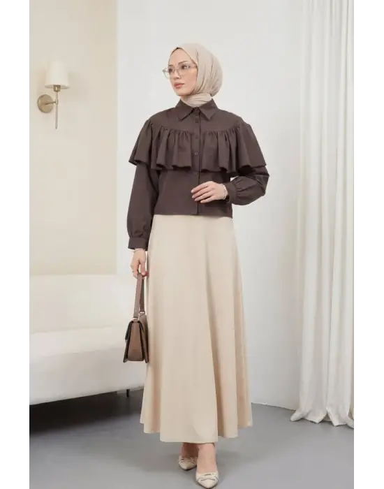 Önü Ve Omuzu Fırfır Detaylı Poplin Gömlek Bluz -K. Kahve