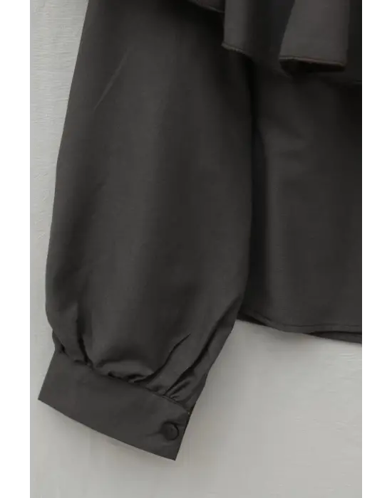 Önü Ve Omuzu Fırfır Detaylı Poplin Gömlek Bluz -K. Kahve